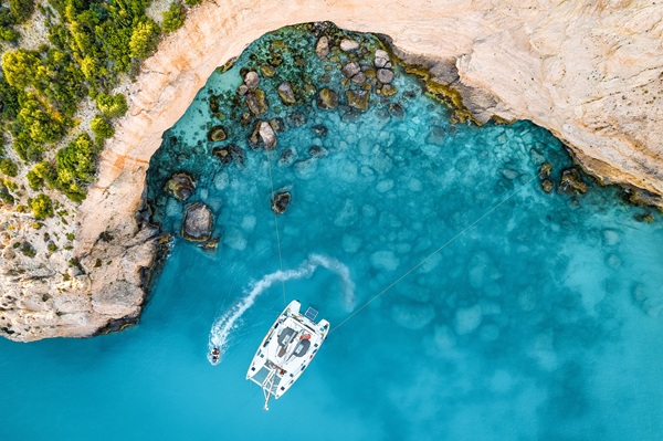 Aerial,View,Of,Catamaran,By,Cliff